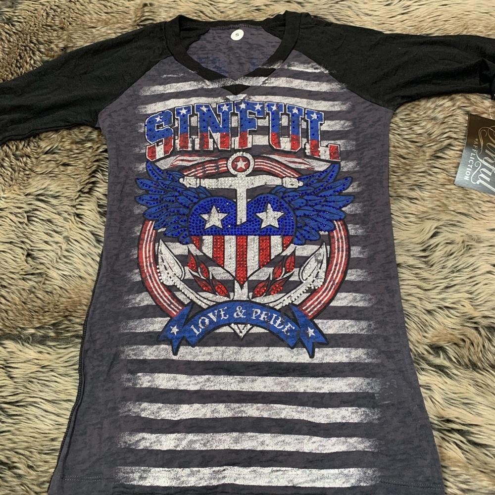 Sinful Affliction top Sinful and red, white and blue anchor in crystals, NWT